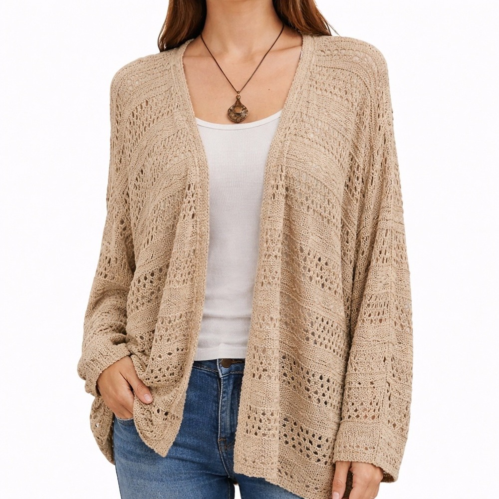 IN'VOLAND Womens 22W NWT Beige Open‎ Knit Crochet Cardigan Lightweight Sweater